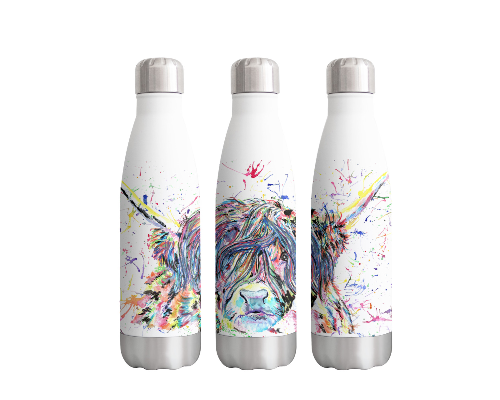 Highland Cow Scottish Farm Animals Watercolour Rainbow Art Bottle 500ml