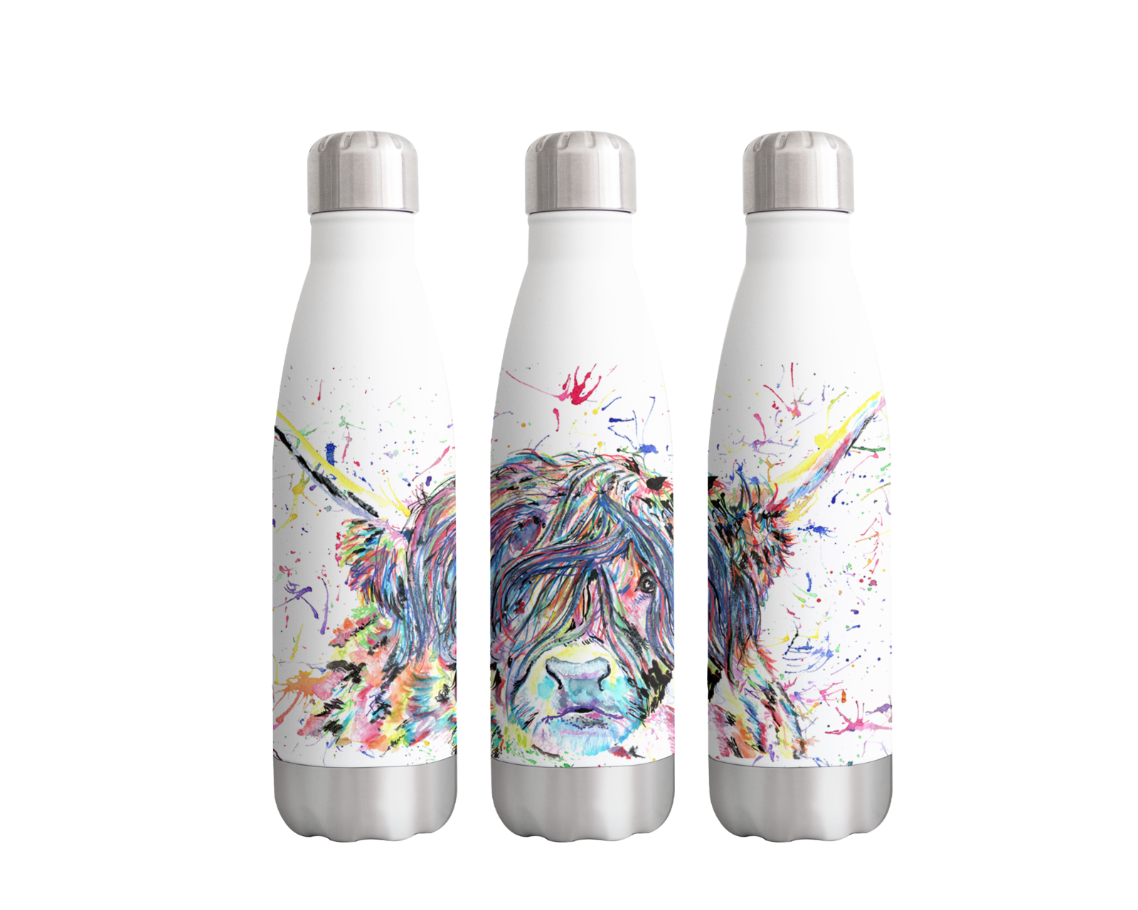 Highland Cow Scottish Farm Animals Watercolour Rainbow Art Bottle 500ml
