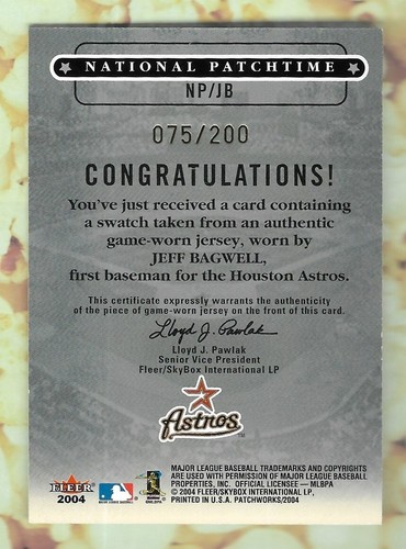 JEFF BAGWELL 2004 FLEER GAME USED JERSEY RELIC INSERT CARD #'D /200 MLB ASTRO'S - Picture 2 of 2