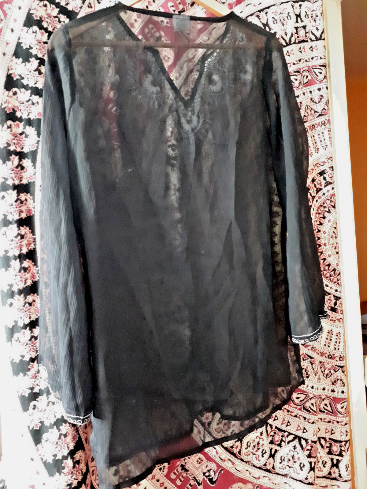 Black cover up, sheer embroidered ethnic hippie boho gypsy festival tunic M/L image 5