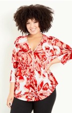 Image of Evans Top Size 18 White & Red Floral Print Zip Neck Blouse NEW With Tag