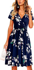 WOMEN PLUS SIZE BLUE FLORAL V NECK SHORT SLEEVE MIDI DRESS ( SIZE XL )
