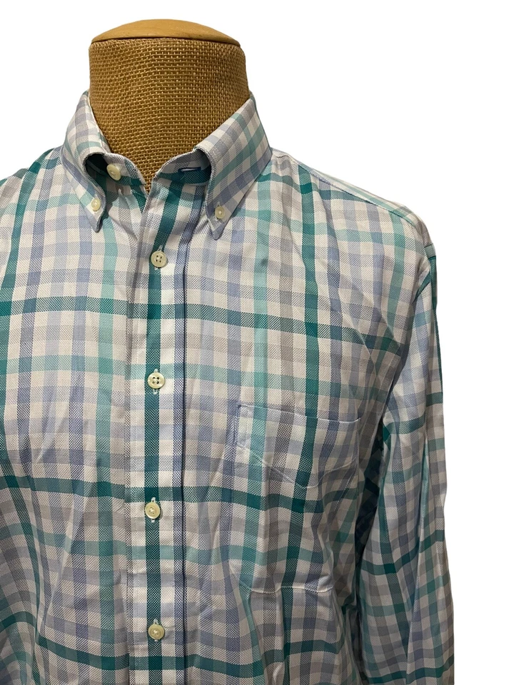 GITMAN BROS Men's Dress Shirt White Gray Teal Plaid Cotton Size XL Made in USA - Image 4 of 4