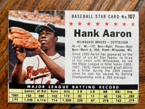 1961 Post Cereal Hand Cut Hank Aaron HOF Braves