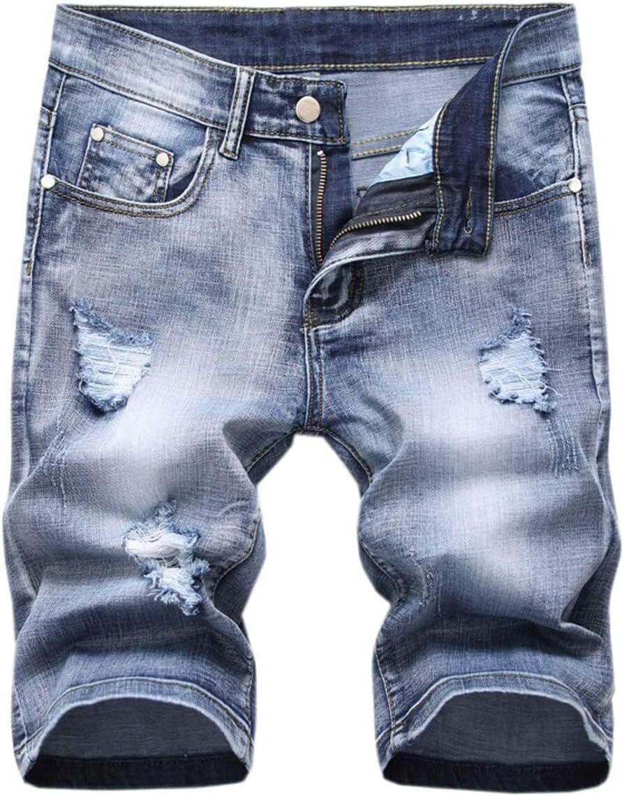 Men's Distressed Denim Shorts Summer Casual Straight Fit Ripped Jean Style