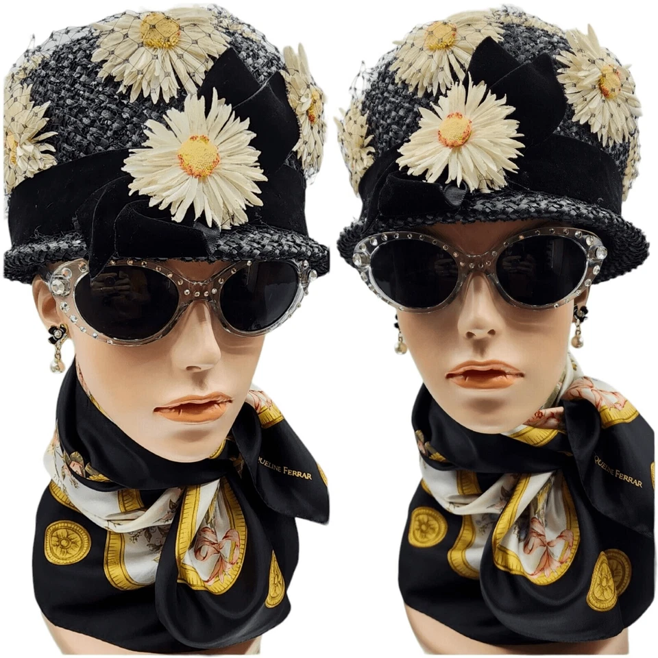 Vintage Daisy Flowers Cloche Hat Black Straw Velvet Band Union Label Wedding - Image 2 of 4