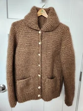 Cable Knit Cardigan  Women's Brown L. Grandma Hand Home Made. Deer Horn Buttons 