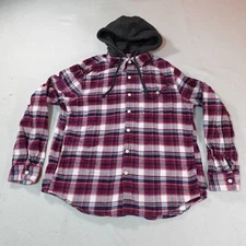 American Eagle Jacket Mens Large Red Plaid Trucker Button Shacket Western Farm