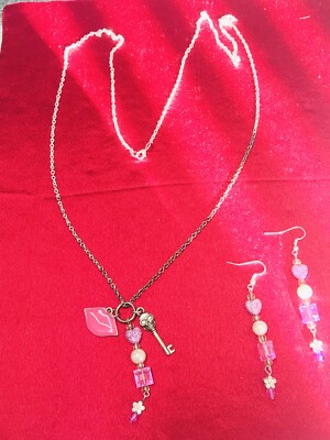 Vintage Style Handmade Necklace Earring Set 32” Silver Tone Lip Skull Key  Charms