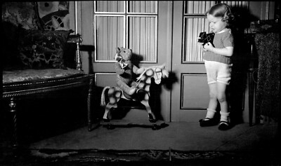 Little girl camera rocking horse 2 old negative photo year. 1920 30