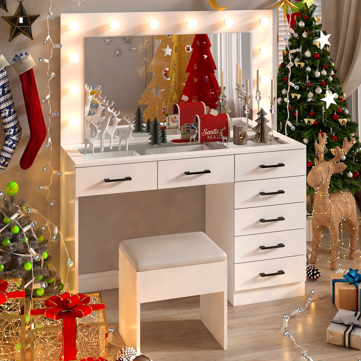 Vanity Table Set Makeup Bedroom Dressing 12 Lighted LED Large Mirror 7 Drawers | eBay Vanity Table Set Makeup Bedroom Dressing 12 Lighted LED Large Mirror 7 Drawers | eBay