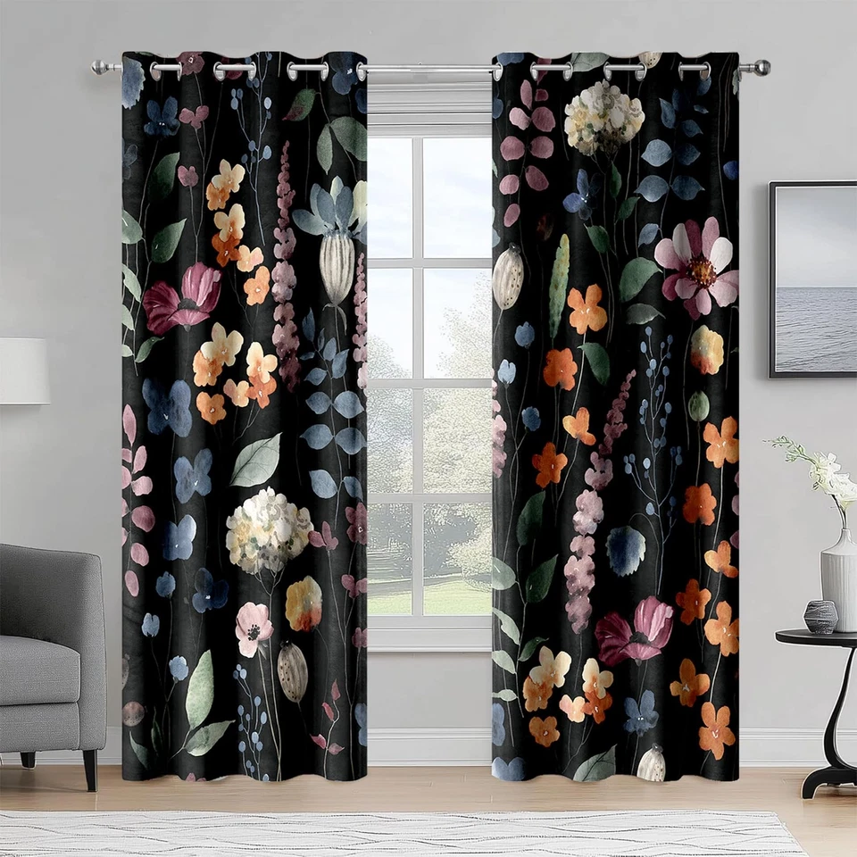 Cortinas blackout florais pretas, cortinas botânicas escuras botânicas vintage flores... - Imagem 3 de 4