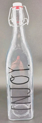 Vtg RAE DUNN Clear Glass Bottle W/ Stopper ENJOY Theme 33 Oz  23'' T