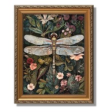 Gold Framed Vintage Wall Art - Dark Green Dragonfly  Floral Botanical Artwor...