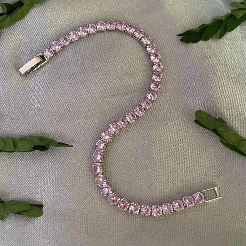 Brazalete tenis 8 TCW corte redondo creado en laboratorio diamante rosa chapado en oro blanco 14k Foto 4 de 4