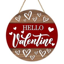 Hello Day Front Door Sign, Red Love Hearts Farmhouse Wood Hanger Valentines