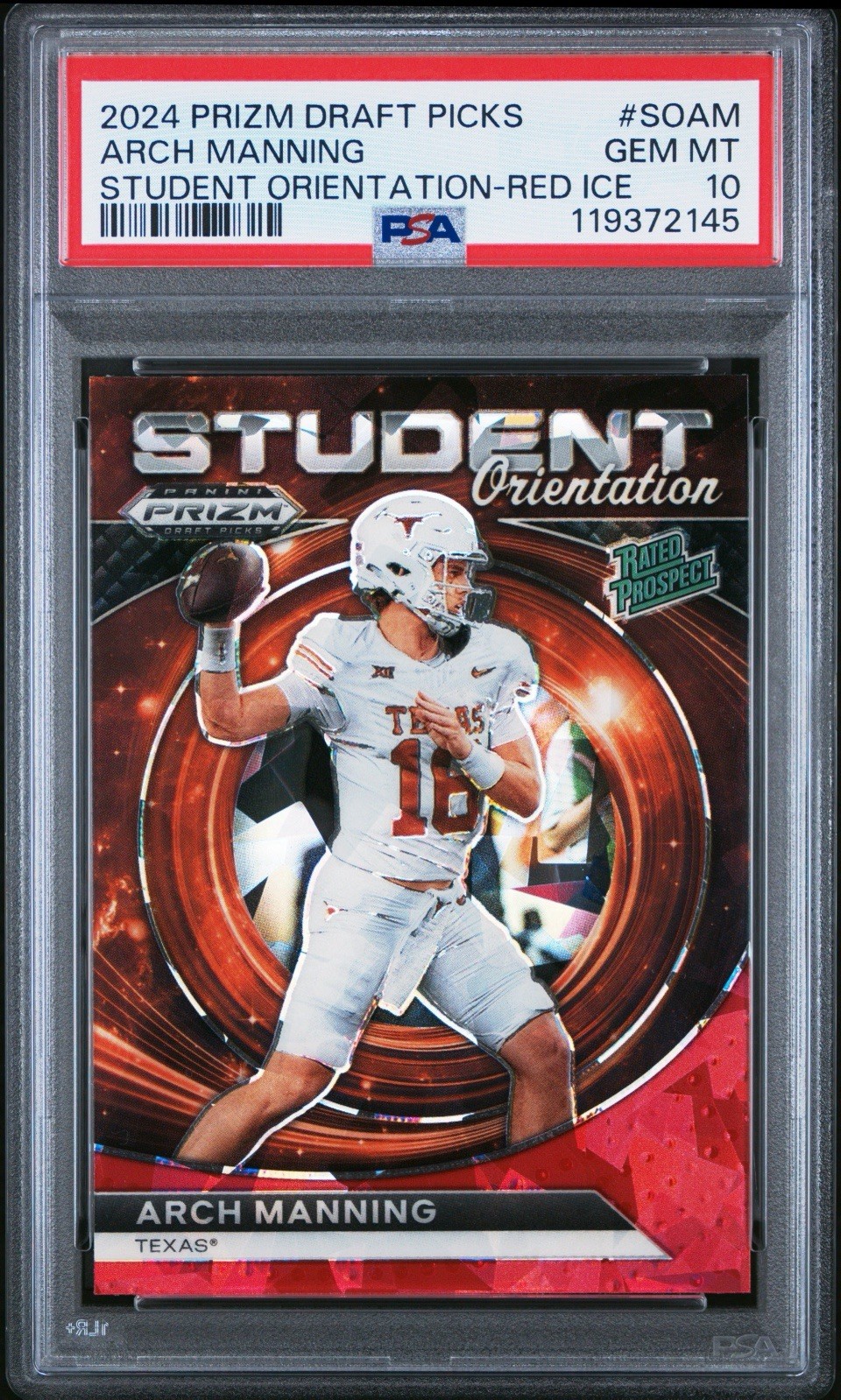 2024 Prizm Draft Picks-PSA 10 Student Orientation Arch Manning #SO-AM Red Ice RC