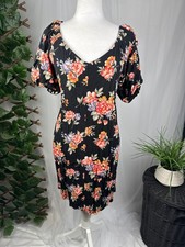 American Eagle Black Floral Puff Sleeve Dress with Open Back Tie Detail, Size L