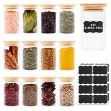 SHOWIN 8oz Glass Food Storage Jars with Bamboo Lids - Set of 12 Kitchen Canister