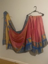 Kavanji Silk Saree Pink Yellow Blue Gold Geometric Pattern Indian Sari w/blouse