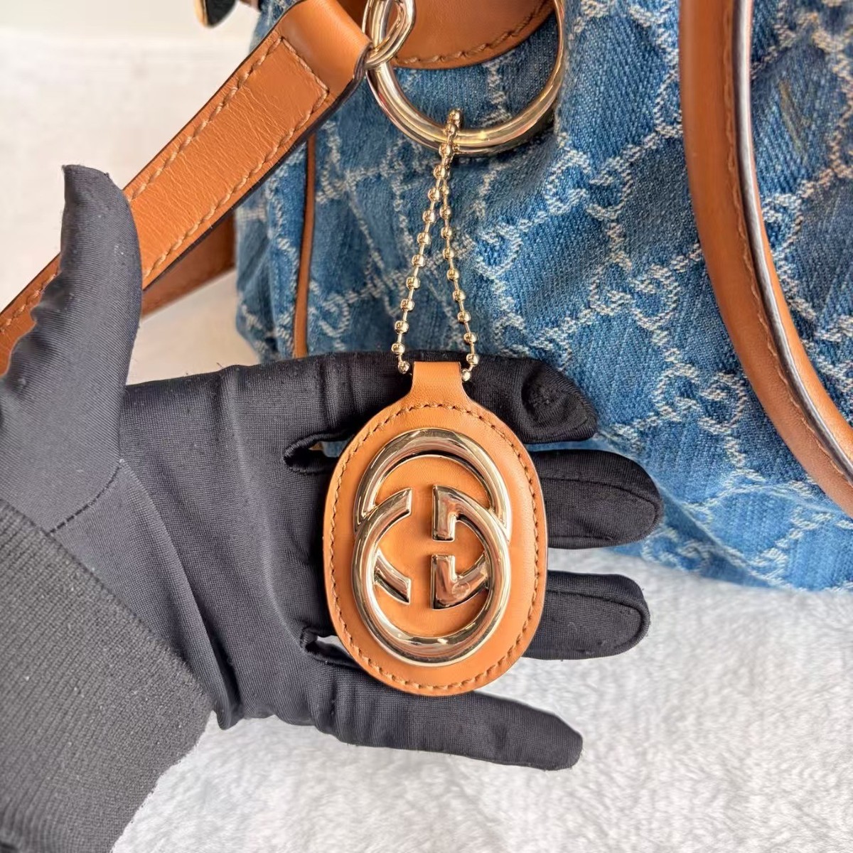 Authentic Gucci GG Denim Sukey Dome Satchel Bag Vintage with Brown