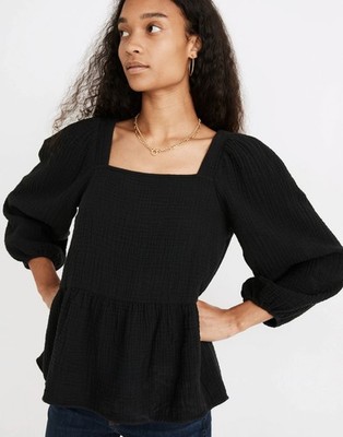 Madewell Lightspun Millbrook Puff Sleeve Black Peplum Gauze Top 100% Cotton L
