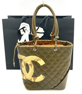 Auth Chanel Coco Mark Cambon Line CalfskinPython Khaki Tote Bag W/B NS030160