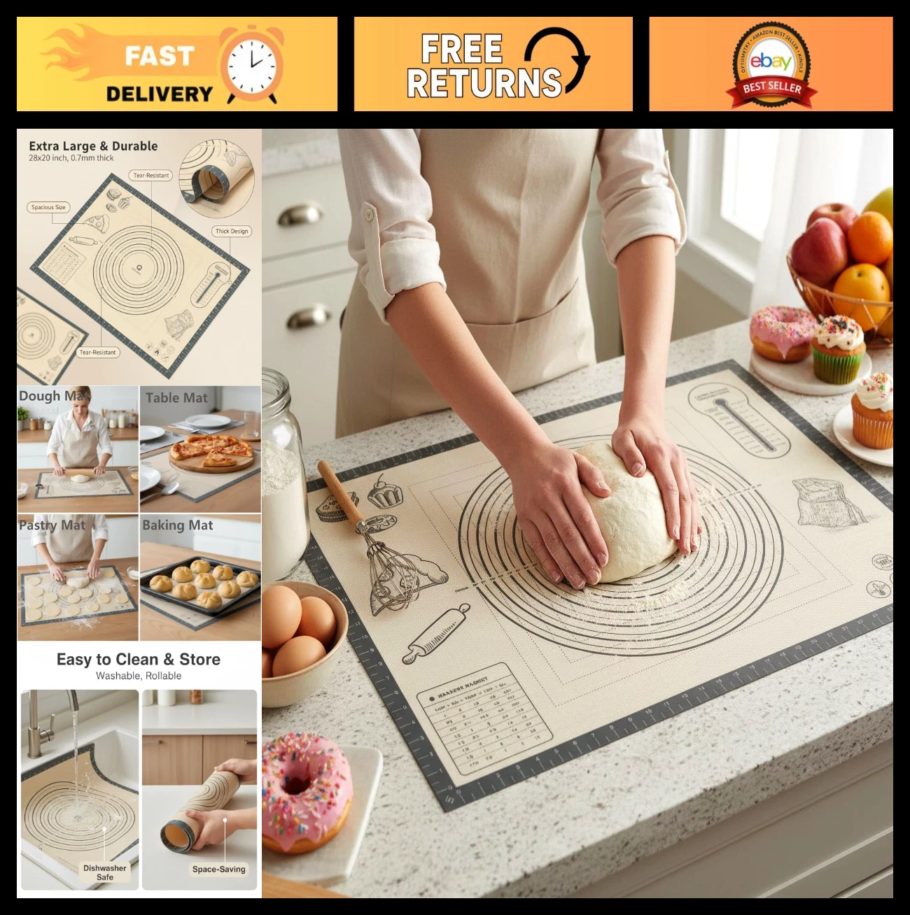 Extra Large Silicone Baking Mat 28x20" - Nonstick Pastry Rolling Sheet for Cooki
Opens in a new wind