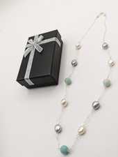 925 sterling silver freshwater pearl amazonite tin cup station necklace 18"