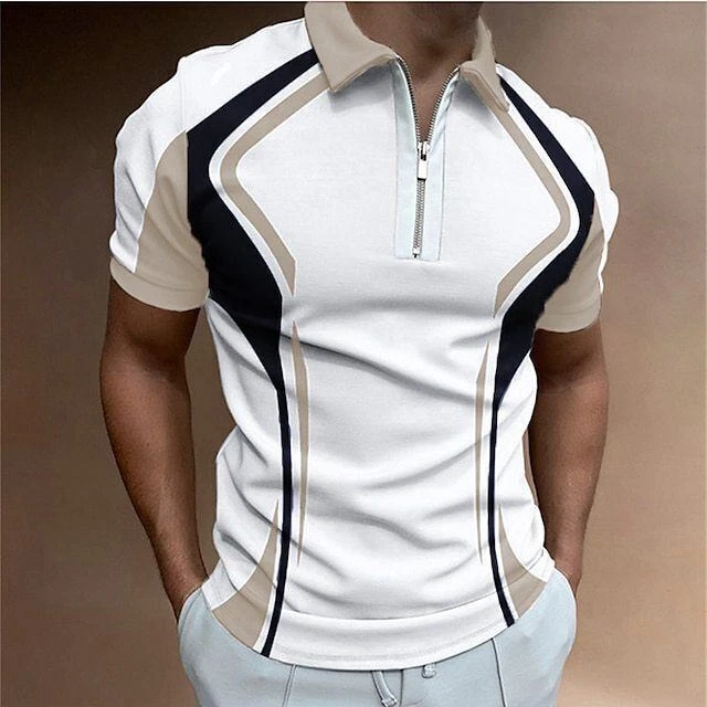 Polo T Shirt Men's Zipper Collar Beige White Contrast Fashion Golf Camisa Sports