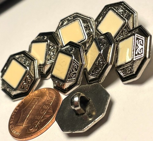 8 NOS Vtg Antique Silver Tone Plastic Cream Enamel Shank Buttons 16mm 5/8" 12646 - Picture 3 of 3