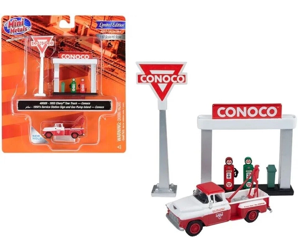 CMW-RTR MINI METALS 1/87=HO 55' CHEVY TOW Truck "CONOCO" SIGN/GAS PUMP ISLAND - Image 2 of 4