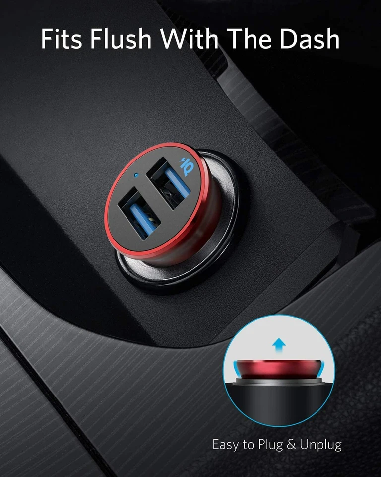 Adaptador Cargador Coche Anker Mini 24W Metal 4.8A LED Doble Carga USB para iPhone X Foto 2 de 4