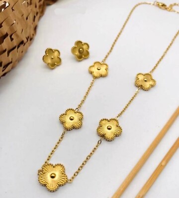 Kleeblatt Blumen Set 18k Gold bespielt Edelstahl. Wasserabweisend/anlaufgeschützt