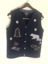 Woolrich Womens Wool Vest Skis Bear Winter Scene Tree Blue 100 Wool Size M