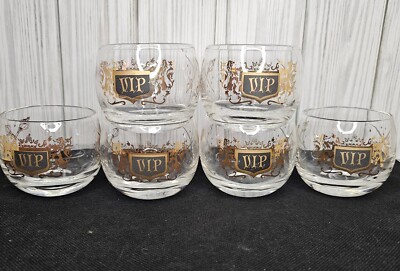 6 Vtg VIP Roly Poly Cocktail Glass Royal Crest Black Gold Barware Mancave 4oz