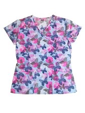Womens Fashion Medical Nursing Scrub Tops Light Blue Base Butterfly Flowers M
