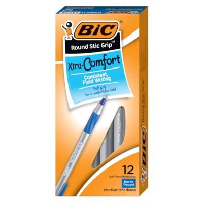 BIC Round Stic Grip Xtra Comfort Blue Ballpoint Pens, 12 Count (Pack of 1)
