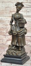 Signed Milo Victorian Woman Bronze Figurine with Flower Basket Home Living Decor