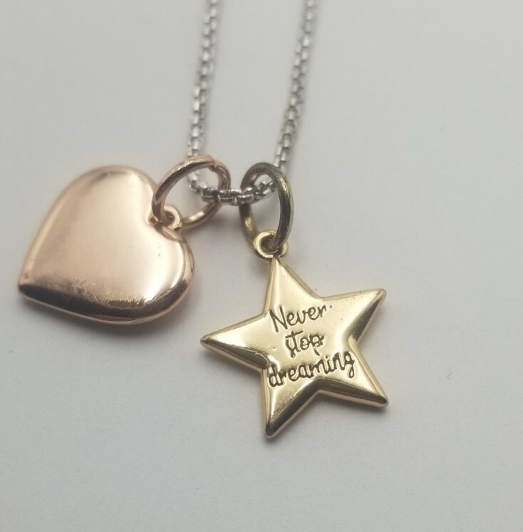 Disney Never Stop Dreaming Star Heart Silver Gold Tone Rope Necklace Pendant