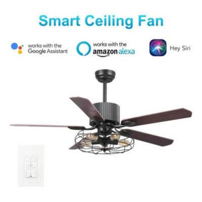 52'' Smart Ceiling Fan + Remote Steampunk Light Cage Lamp Modern Loft Lodge Cabin