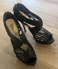PRADA Black Strappy Cut-Out Peep Toe Stiletto Heels Zip Leather EU 39.5