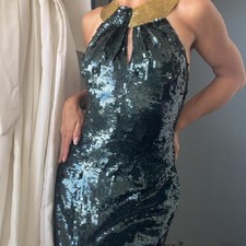 Emerald Green Sequin Halter Dress with Gold Collar