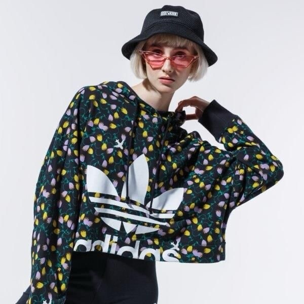 ADIDAS black floral AOP cropped hoodie ~ size 14