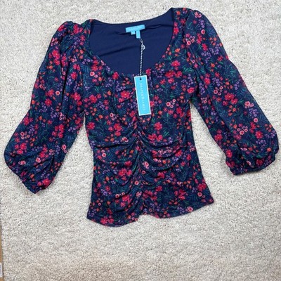 Draper James Nassau Navy Multi Floral Puff Sleeve Ruched Top Size M