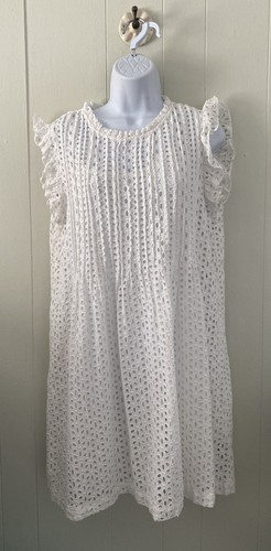 MADEWELL WHITE EYELET RUFFLE SLEEVE PINTUCK MINI DRESS SZ M EUC