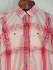 Eddie Bauer Shirt Womens XS Pink Orange Plaid Long Sleeve Button Front Hiking