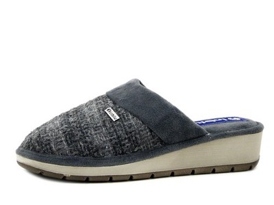 Damen Hausschuhe Winter BLAU Stoff grau niedriger Keilabsatz