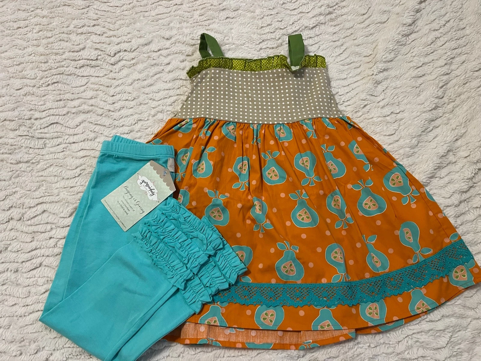 Persnickety Clothing girls sz 5 Teal & Orange Pear Tunic dress and Teal leggings