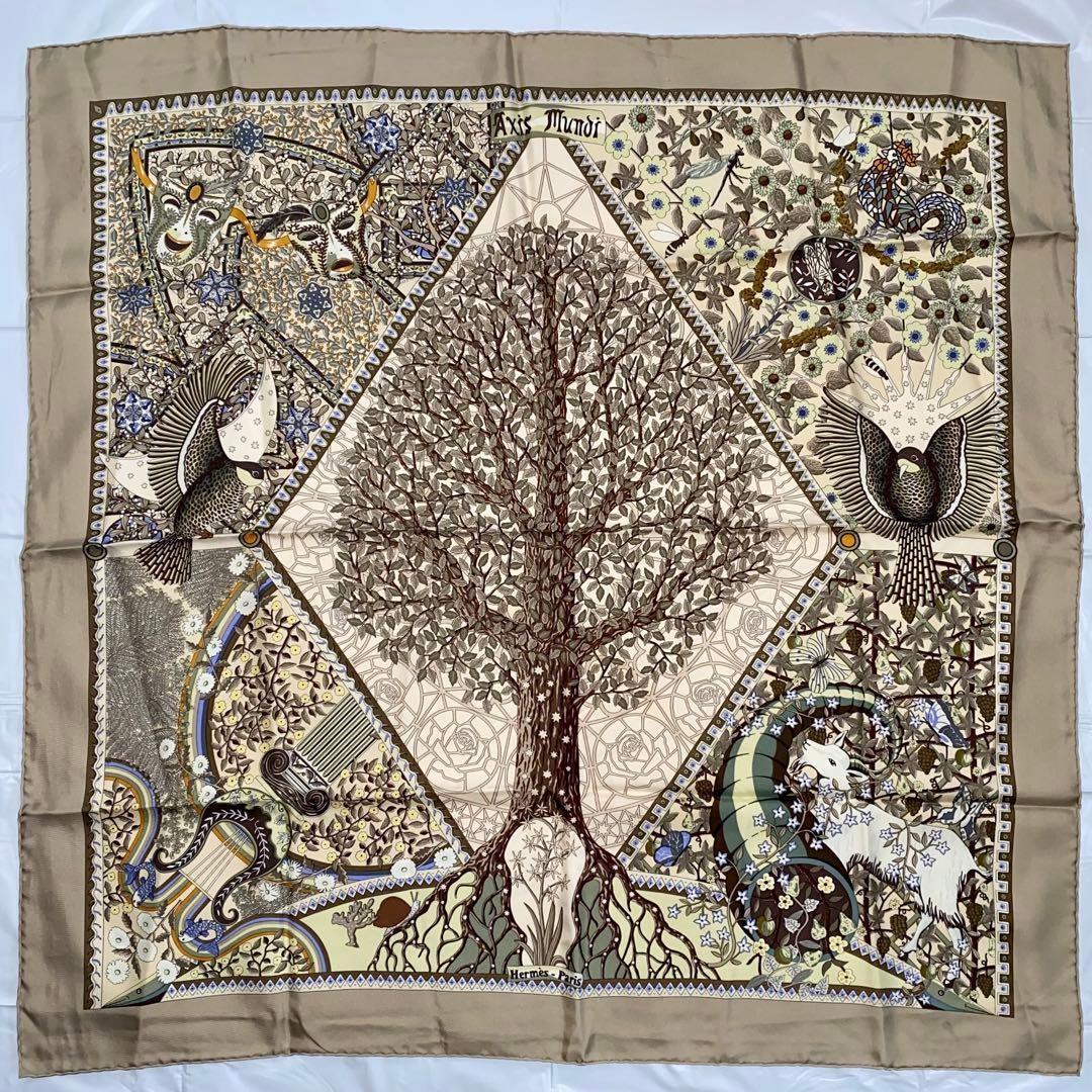 HERMES Carre 90 Axis Mundi Scarf Khaki green X Beige Women Auth | eBay